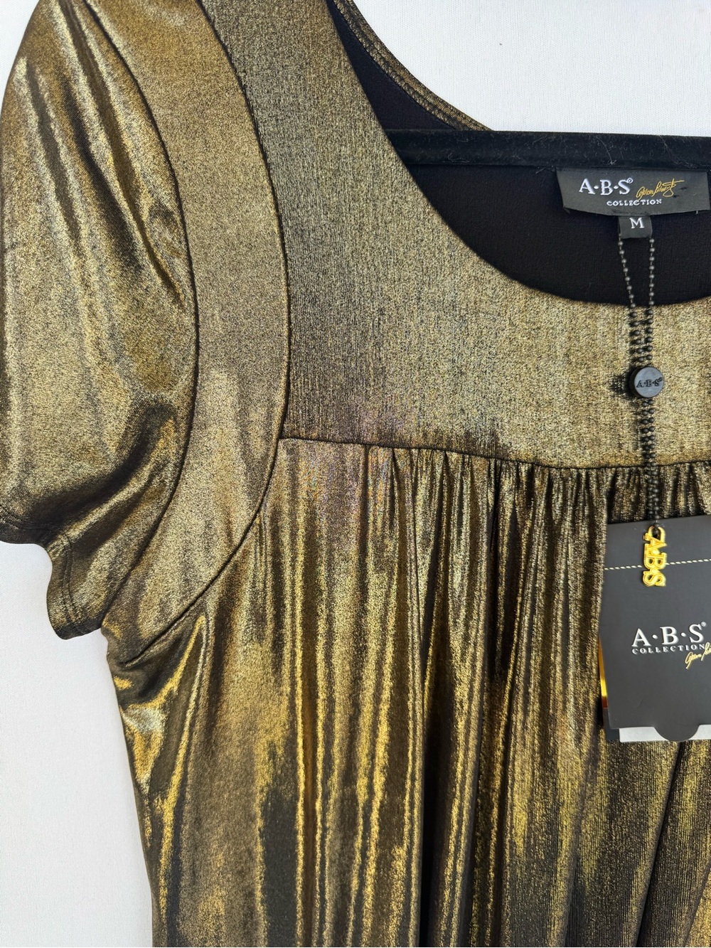 ABS Allen Schwartz Metallic Gold Short Sleeve Swing Dress - Picture 9 of 12